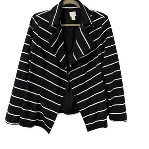 Chicos Black & White Striped Button-Up Jacket Size L Ponte Knit jacket